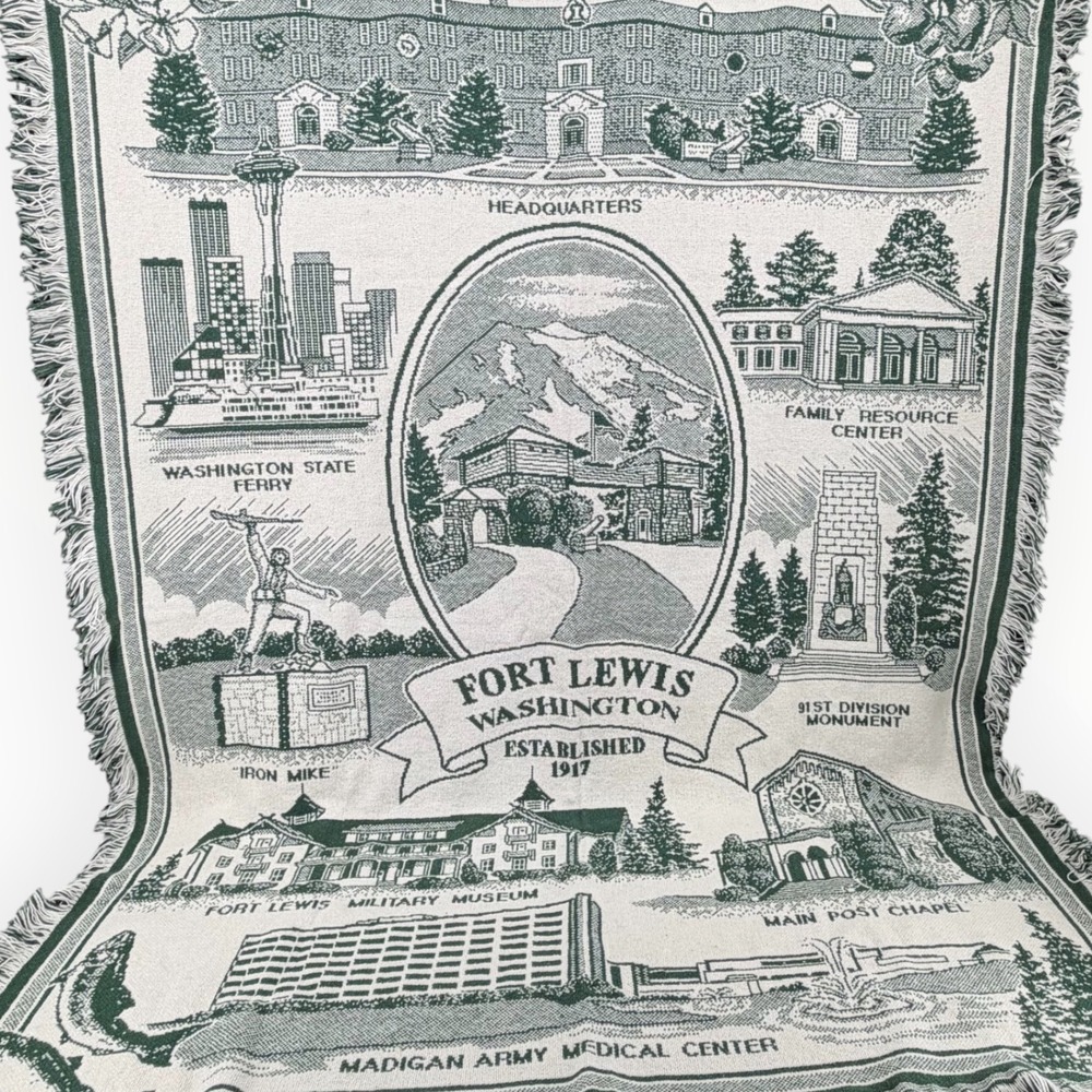 Fort Lewis Washington Woven Throw Blanket 48x63" Green Landmarks Army Post